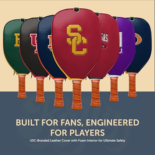 Officially Licensed Collegiate Pickleball Paddle Cover - Lightweight PU Leather Material - Durable Foam Interior Protection with Zippered Closure - Fits Most Paddles on the Market - color: USC Trojans