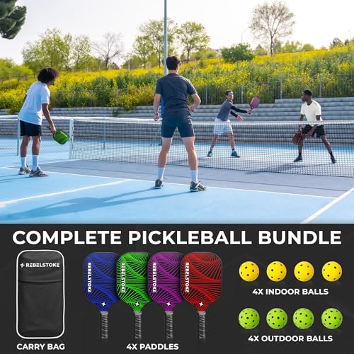 Pickleball Paddles Set of 4 – Premium Fiberglass Paddle Set with 14mm Polypropylene Honeycomb Core – Complete Bundle with 8 Indoor/Outdoor Balls & Carry Bag – for Beginners to Advanced - style: Abstract Lines