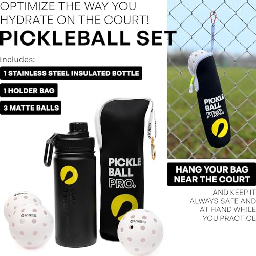 WES Pickleball Water Bottle + Pickleball Ball Holder + 3 Outdoor Pickleball Balls | Insulated Pickleball Water Bottle with Sport Spout Lid - color: Black