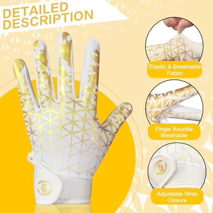 Kids Football Gloves, Excellent Grip Youth Football Receiver Gloves with Sticky Silicone Anti-Slip Elastic Breathable, Best Gift for Boys Girls - color: Gold & White, size: Kid-M/L(6-6.5 Inch)