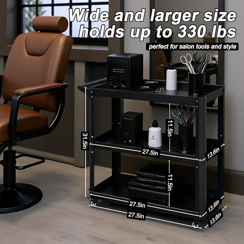 3 Tier Metal Utility Rolling Cart with Wheels, Heavy Duty Storage Organizer Trolley Cart for Kitchen, Bathroom, Office, Bedroom – Multi-Purpose 330Lbs Capacity Utility Cart on Wheels, Black - color: Black