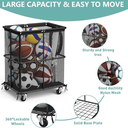 Ball Storage Bin Rolling Sports Ball Storage Cart Garage Sports Equipment Organizer Rack with Wheels Outdoor Basket Ball Cage for Garage, School, Gym, Yoga Room