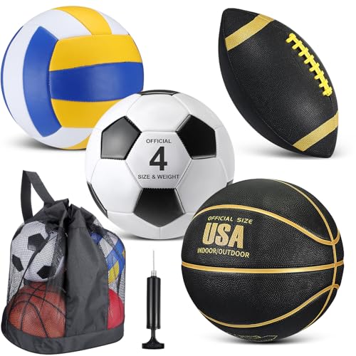 HyDren 4 Pcs Assorted Sports Balls Set for Kids Back to School Recess PE Equipment Official Size Basketball, Soccer, Football, Volleyball with Carry Bag and Pump for Outdoor Playground Gift - color: Black