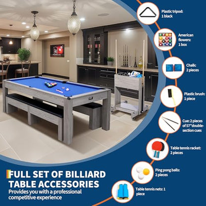 7FT 3-in-1 Pool Table with Dining Top & Table Tennis | Convertible Billiard Table for Home Game Room | Complete Set with Cues, Balls, Ping Pong Paddles, Net & Rolling Storage Caddy | Wood Grain Finish - color: Blue 3 in 1