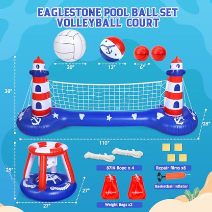 EagleStone Pool Volleyball Net &Basketball Hoop Inflatable Pool Floats Toys Swimming Water Games for Adults and Kids 8-12 Teens Volleyball Court Poolside Floaties - color: Blue