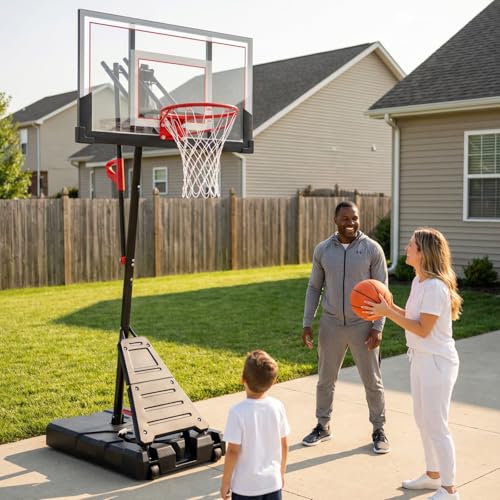 Portable Basketball Hoop, 4.9-10FT Adjustable Basketball Goal System, 44 Inch Outdoor Basketball Hoop for Backyard, Driveway, Court