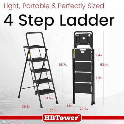 HBTower Step Ladder, Folding Step Stool with Wide Anti-Slip Pedal, Sturdy Steel Ladder, Convenient Handrail, Lightweight, Portable Steel Step Stool - color: Black, size: 4 Step Ladder