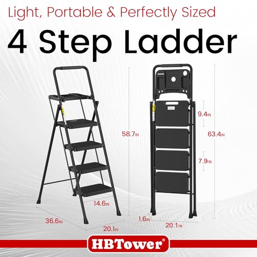 HBTower Step Ladder, Folding Step Stool with Wide Anti-Slip Pedal, Sturdy Steel Ladder, Convenient Handrail, Lightweight, Portable Steel Step Stool - color: Black, size: 4 Step Ladder