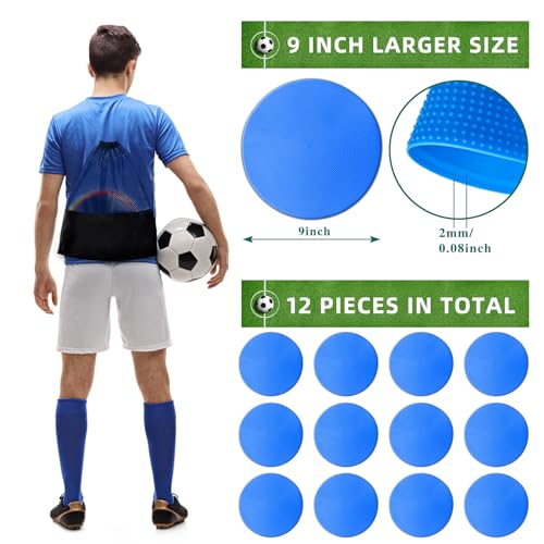 Poly Spot Markers 4 inch/9 inch Non-Slip Rubber Agility Training Markers Floor Dots Flat Field Cones for Football, Soccer, Basketball, School Exercise Drills, Dance Practice - style: 9 inch 12 Pcs Blue (TPE)