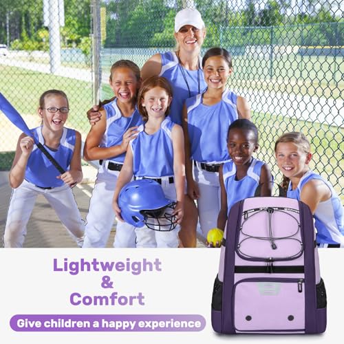 KAVIGOR Youth Baseball Bag, Softball Bag for Girls & Boys, Kids Tball Backpack with Shoes Compartment - color: Purple