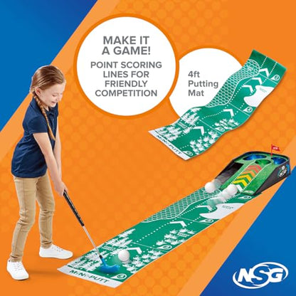 NSG Electronic Mini Golf Putting Game for Kids – Indoor Golf Toy with 4ft Mat, Aiming Pin Flag, Auto Ball Return, Cheers & Sounds, Lights, 3 Balls, Adjustable Putter – Fun Family Play, Ages 3+