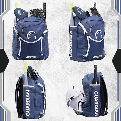 Guardian Baseball Backpack for Youth, Softball Bag for Girls, Durable Bat Bags Baseball Youth Boys and Girls, TBall Bag – Includes Hook to Hang on Fence - color: Navy/White