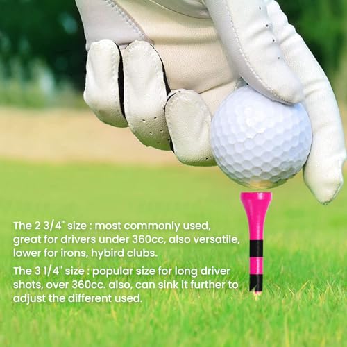 Bright Pink Golf Tees Wood 1 1/2" 2 1/8" 2 3/4" 3 1/4" Value 500/1000 Pack with Consistent Height Design, High Visibility Tees with Stripes & Stable Launch - size: 500Count(2 3/4 Inch)