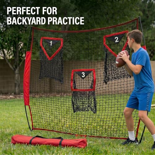Football Throwing Net - Heavy-Duty Portable Nylon Net with 3 Target Pockets - 6x6FT Football Goal Practice - Youth Quarterback Training Field & Home Backyard