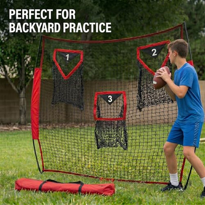 Football Throwing Net - Heavy-Duty Portable Nylon Net with 3 Target Pockets - 6x6FT Football Goal Practice - Youth Quarterback Training Field & Home Backyard