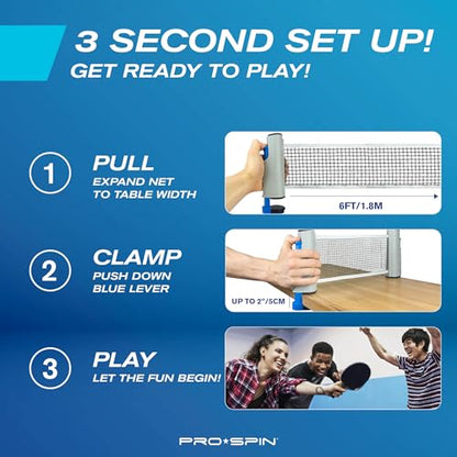 PRO-SPIN Portable Ping Pong Set with Retractable Ping Pong Net for Any Table, All-in-One Table Tennis Set with Ping Pong Paddles, Balls & Case, Table Top Family Game - color: 2-Player Set | Active Red