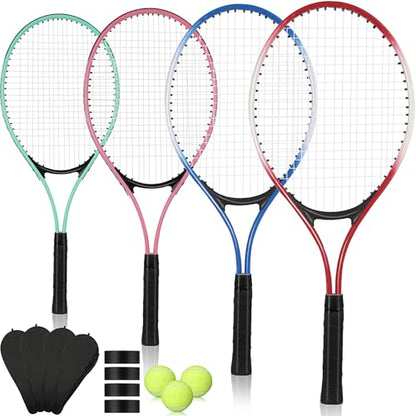 4 Pcs Tennis Rackets for Adult Recreational 4 Players 27" Tennis Racquet Lightweight Tennis Racket with 3 Tennis Balls for Training Beginners with Overgrips Carry Bag - color: Pink,Green,Blue,Red