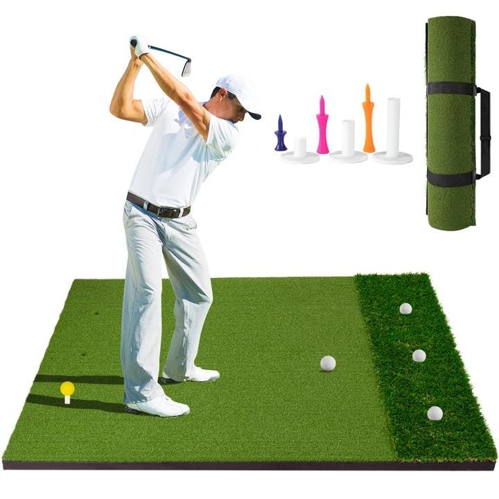 5x4ft Golf Hitting Mat, Professional Practice Turf for Indoor & Outdoor Use, Shock Absorption EVA Base, Integrated Ball Tray or Dual-Turf Design, Portable Carrying Strap