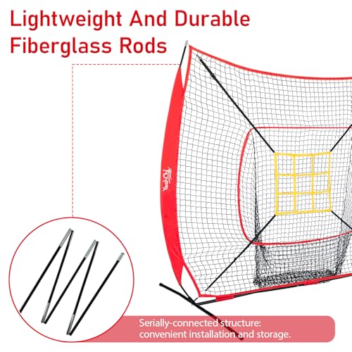 7x7 Ft Baseball and Softball Training Net with Batting Tee, Strike Zone Target, Portable Hitting and Pitching Practice Set - color: Red