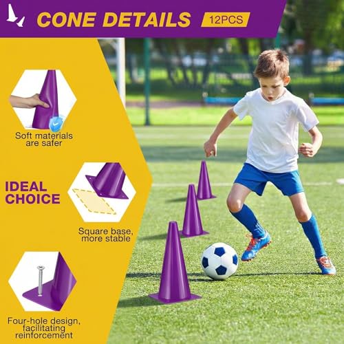 12 Inch Durable Cones,12pcs Versatile Plastic Traffic Cones and Soccer Cones for Sports Training,Agility Drills,Parking Safety,Basketball Training,Football Training. - color: purple