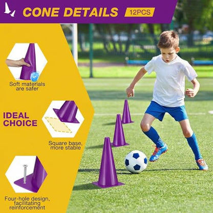 12 Inch Durable Cones,12pcs Versatile Plastic Traffic Cones and Soccer Cones for Sports Training,Agility Drills,Parking Safety,Basketball Training,Football Training. - color: purple