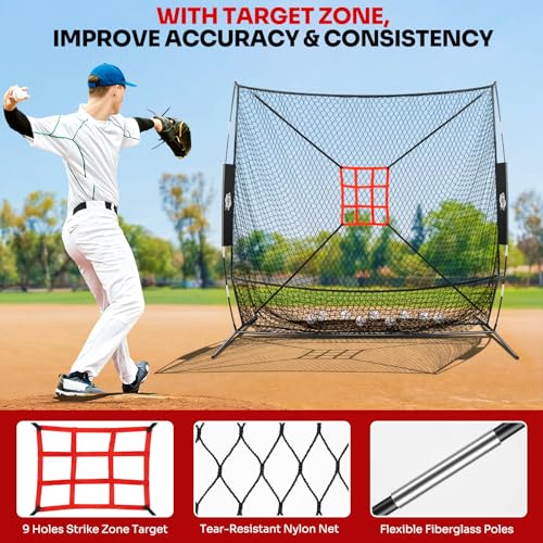 7×7FT Baseball Net with Batting Tee & Ball Caddy Holds 100+ Balls, Height Adjustable 27"-43" for All Players,Baseball & Softball Training Set for Hitting,Pitching,Included Carry Bag, 4 Ground Stakes