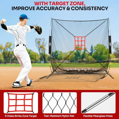 7×7FT Baseball Net with Batting Tee & Ball Caddy Holds 100+ Balls, Height Adjustable 27"-43" for All Players,Baseball & Softball Training Set for Hitting,Pitching,Included Carry Bag, 4 Ground Stakes