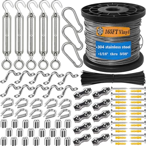 304 Stainless Steel Turnbuckle Kit - 165FT（50M） Vinyl-Coated Wire Rope Heavy Duty & Anti-Rust for Outdoor Lights Hanging, Pictures, Decor & DIY Projects Easy Installation. - size: 50M-165FT