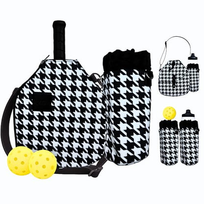 Pickleball Paddle Cover Crossbody bag with Adjustable Strap, Waterbottle holder, Ball Holder, Gifts for Women Men - color: Black & White