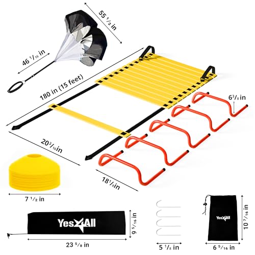 Yes4All Agility Ladder Speed Training Equipment Set - 1 Adjustable Agility Ladder, 12 Soccer Cones, 5 Hurdles, Jump Rope, Running Parachute - Speed & Agility Training Equipment for All Ages - color: A. Set Yellow