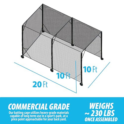 Heavy Duty Baseball & Softball Batting Cage with Wheels – Commercial-Grade Portable Batting Cage for Backyard, Driveway, Training & Club Use | Multi-Sport Practice | Easy Setup (20 FT) - size: 20 FT