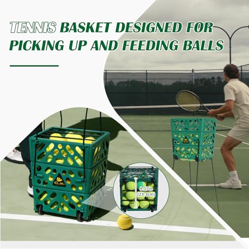 Tennis Ball Basket Tennis Ball Hopper with Wheels - 60 Balls Capacity Lightweight Picker Upper, Hands-Free Ball Retrieval Tool for Training & Court Use