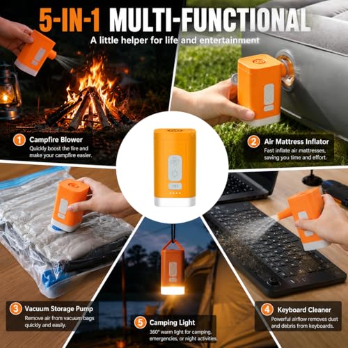 ICEKATI 6.0kPa Air Pump for Inflatables, Portable Air Pump with Camping Light, Rechargeable Battery Inflate Deflate Pump for Air Mattress Swimming Rings Pool Floats Vacuum Storage Bags