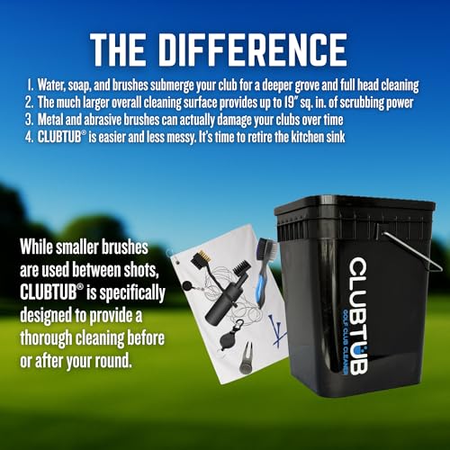 Golf Club Cleaner. 4-Gallon Tub with Dual 9.5" Stiff Polybutylene Scrubbing Brushes, 5-Inch Lid Hole, Hose Connector and Drain with Metal Handle