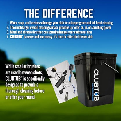 Golf Club Cleaner. 4-Gallon Tub with Dual 9.5" Stiff Polybutylene Scrubbing Brushes, 5-Inch Lid Hole, Hose Connector and Drain with Metal Handle