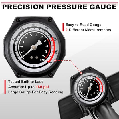 Hycline Bike Floor Pump with Gauge: Full Size 43inch 160 PSI High Pressure Bicycle Pumps - Durable Air Pump Fits Presta & Schrader Valve - Inflator for Road MTB Tire, Ball, Balloon, Inflatables