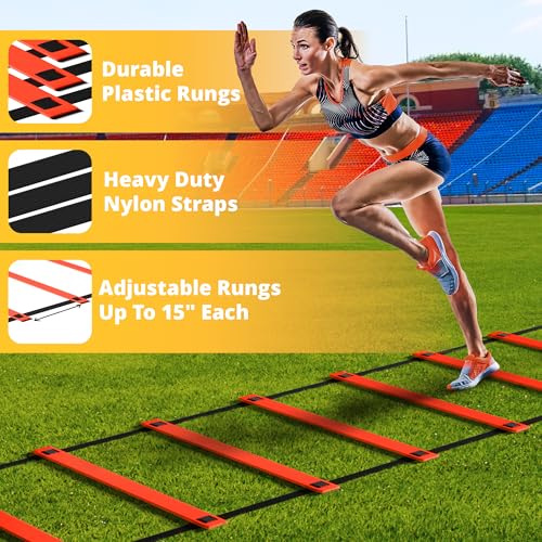 Yes4All Agility Ladder Speed Training Equipment Set - 1 Adjustable Agility Ladder, 12 Soccer Cones, 5 Hurdles, Jump Rope, Running Parachute - Speed & Agility Training Equipment for All Ages - color: B. Set Orange