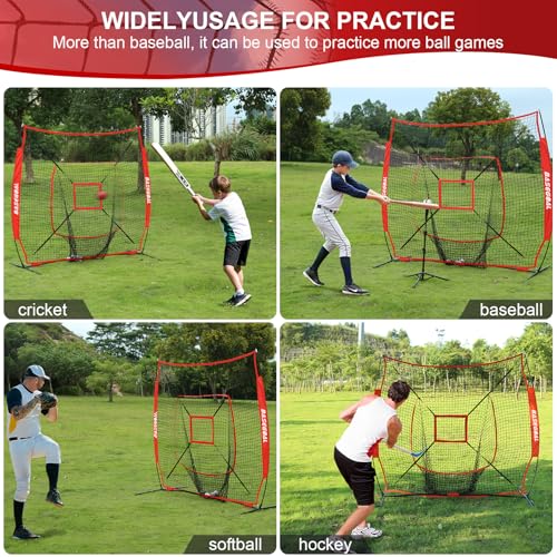 BaseGoal 7'×7' Baseball Softball Practice Net,Baseball Backstop,for Hitting Pitching Batting Catching with Bow Frame,Bonus Strike Zone - style: Red