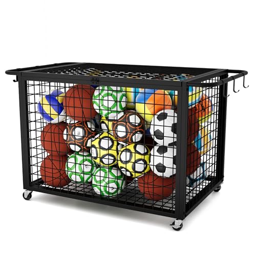 Boshen 41.7" Extra Large Ball Cart Storage Rolling with Lockable Wheels Lid & Removable Handle, XXL Sports Equipment Basketball Storage Holds Up to 36 Balls for School, Club, Gym, Garage