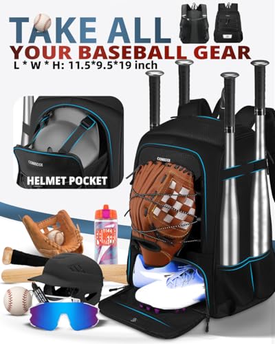 COMECOI Baseball Bag, Baseball Backpack with Helmet Shoes Bag for Youth, Adult, Lightweight Softball Bag with Fence Hook Hold TBall Bat, Baseball Glove, Helmet, Caps, All Gear