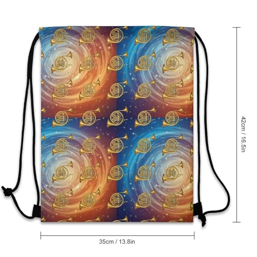 Gym Drawstring Bag Sports Sackpack Waterproof String Backpack with Shoe Compartment for Hiking Swimming Training, Gold French Horns Musical Instrument Blue Yellow Bags - color: Picture (628)