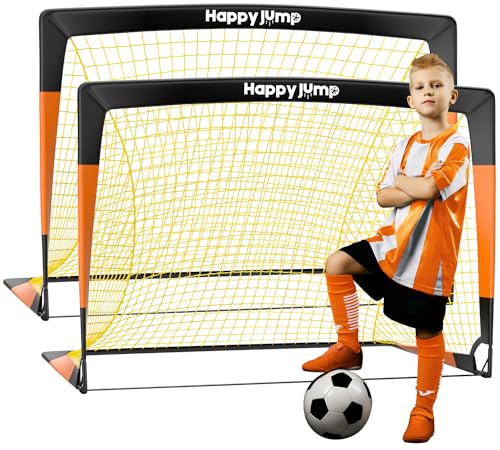 Happy Jump 7x5' & 5x3.6' Portable Soccer Goals for Kids Ages 6-14, Weatherproof Net and Steel Frame for Backyard Fun and Outdoor Training, Quick Setup and Sturdy for All Weather Conditions - style: 4x3 FT, 2 Set