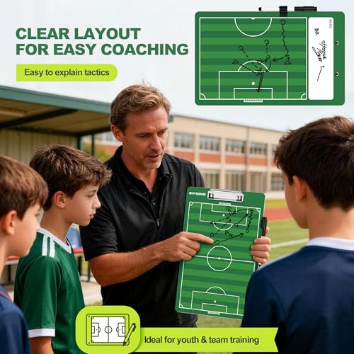 Soccer Coaching Board, Double-Sided Soccer Clipboard Whiteboard for Coaches, Full & Half Field Tactics, Dry Erase for Training and Game Day