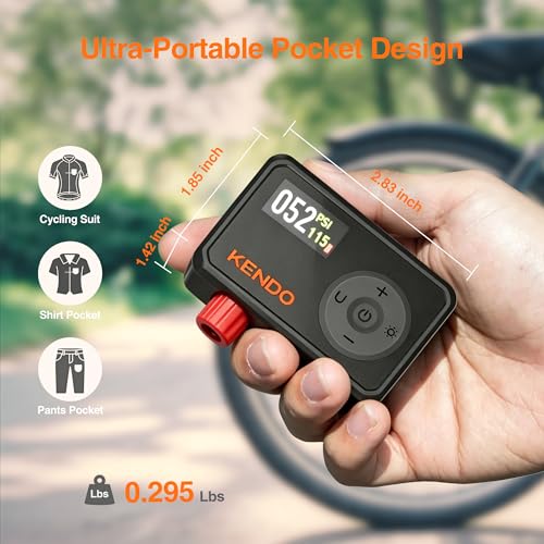 KENDO Mini Electric Bike Pump, 120 PSI Fast Inflation Portable Tire Inflator with Auto Shut-Off & Digital Gauge, USB-C Rechargeable, Presta & Schrader Compatible for Road Bike, MTB, E-Bike, Ball Pump