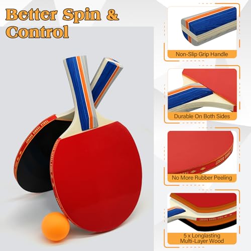 Table Tennis Set with Retractable Net, Portable Ping Pong Paddle Set with 2 Rackets, 8 Balls and Mesh Bag, Easy Setup Table Tennis Kit for Indoor Outdoor, Beginners, Home and Office