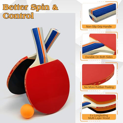 Table Tennis Set with Retractable Net, Portable Ping Pong Paddle Set with 2 Rackets, 8 Balls and Mesh Bag, Easy Setup Table Tennis Kit for Indoor Outdoor, Beginners, Home and Office