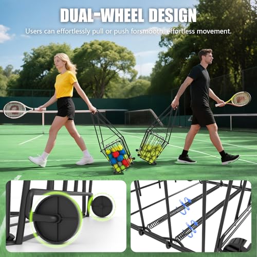 Tennis & Pickleball Hopper with Wheels – Ball Pick Up Basket, Pickleball Ball Retriever Ball Holder Storage Holds 75 Tennis Balls & 50 Pickleballs