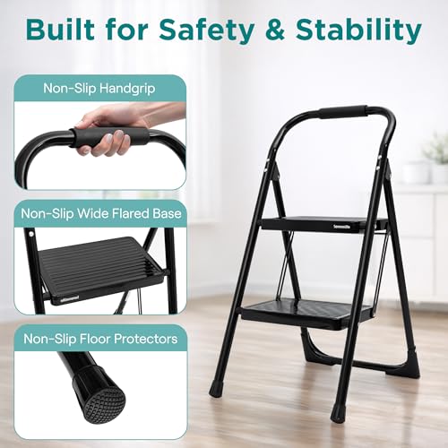 SereneLife 2-Step Ladder, Folding Step Stool for Adults, Wide Anti-Slip Pedal and Handrail, Sturdy Steel Build, 570 lbs Capacity, Portable Step Stool Ladder for Home and Office Use (Black) - size: 2 Step