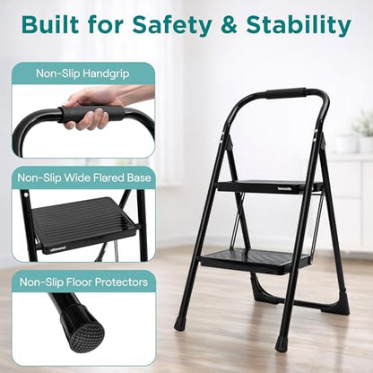 SereneLife 2-Step Ladder, Folding Step Stool for Adults, Wide Anti-Slip Pedal and Handrail, Sturdy Steel Build, 570 lbs Capacity, Portable Step Stool Ladder for Home and Office Use (Black) - size: 2 Step