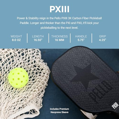 PELLO Carbon Fiber Pickleball Paddles | USA Pickleball Approved | Professional Polypropylene Honeycomb Core | Perfect Balance of Power & Control | Pickle Ball Racquet with Neoprene Case - style: PXIII Black